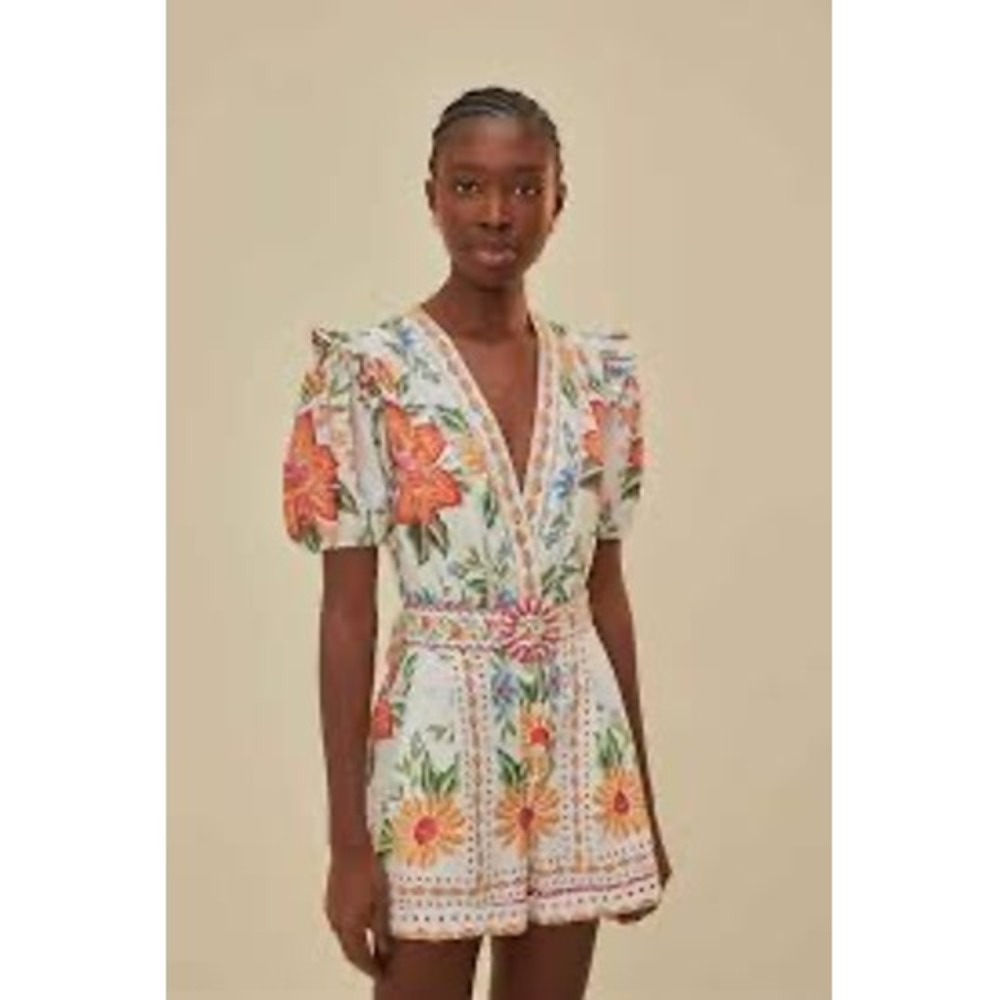 Farm Rio White Tropical Tiles Floral Romper Small V-Neck Puff Sleeve Jumpsuit